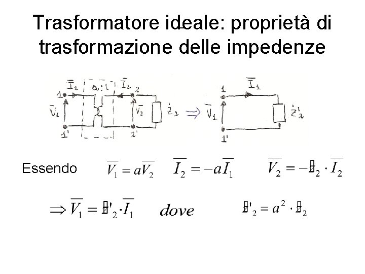 Trasformatore ideale: proprietà di trasformazione delle impedenze Essendo 