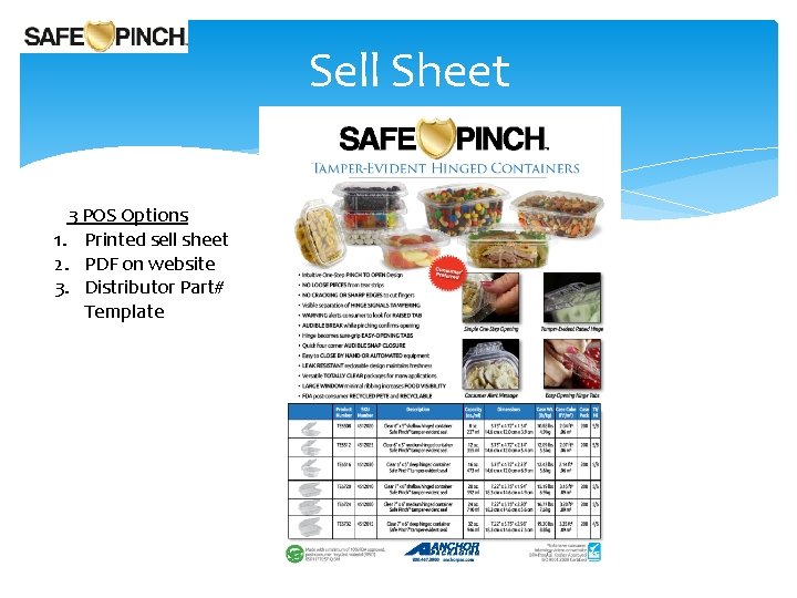 Sell Sheet 3 POS Options 1. Printed sell sheet 2. PDF on website 3.