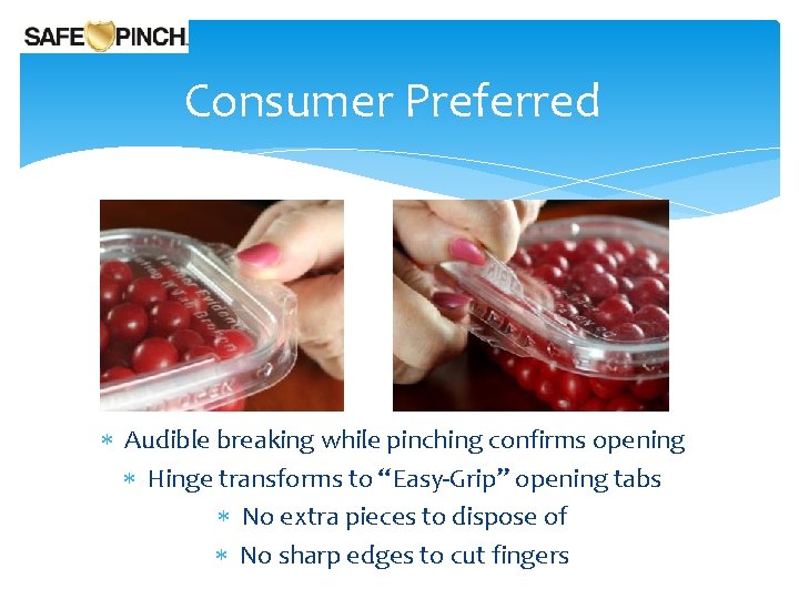 Consumer Preferred Audible breaking while pinching confirms opening Hinge transforms to “Easy-Grip” opening tabs