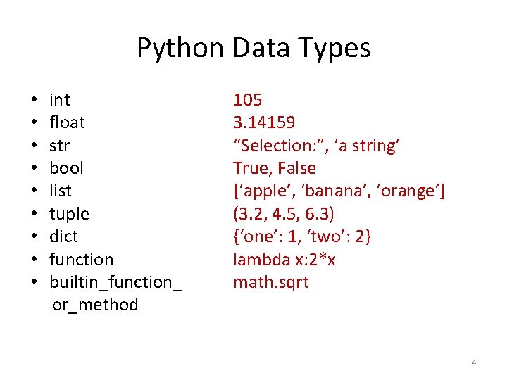 Python Data Types • • • int float str bool list tuple dict function