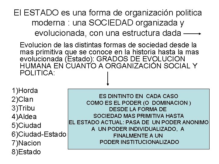 El ESTADO es una forma de organización politica moderna : una SOCIEDAD organizada y