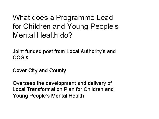 What does a Programme Lead for Children and Young People’s Mental Health do? Joint What does a Programme Lead for Children and Young People’s Mental Health do? Joint