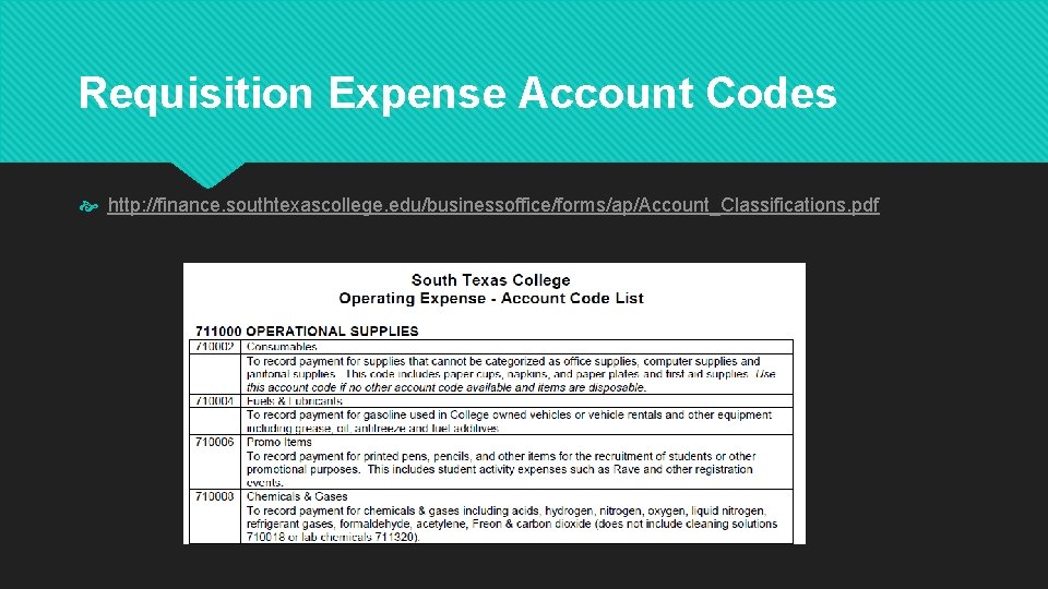 Requisition Expense Account Codes http: //finance. southtexascollege. edu/businessoffice/forms/ap/Account_Classifications. pdf 