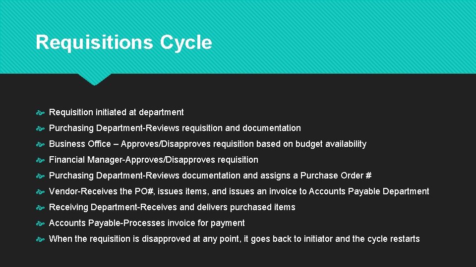 Requisitions Cycle Requisition initiated at department Purchasing Department-Reviews requisition and documentation Business Office –