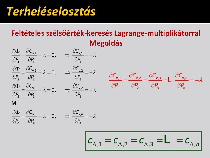 Terheléselosztás Feltételes szélsőérték-keresés Lagrange-multiplikátorral Megoldás 