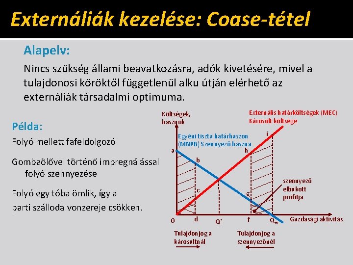 Externáliák kezelése: Coase-tétel Alapelv: Nincs szükség állami beavatkozásra, adók kivetésére, mivel a tulajdonosi köröktől