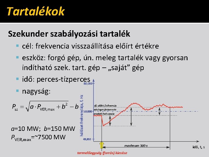 Tartalékok Szekunder szabályozási tartalék cél: frekvencia visszaállítása előírt értékre eszköz: forgó gép, ún. meleg