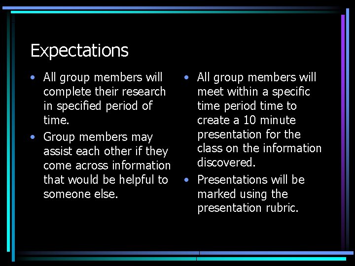 Expectations • All group members will complete their research in specified period of time.