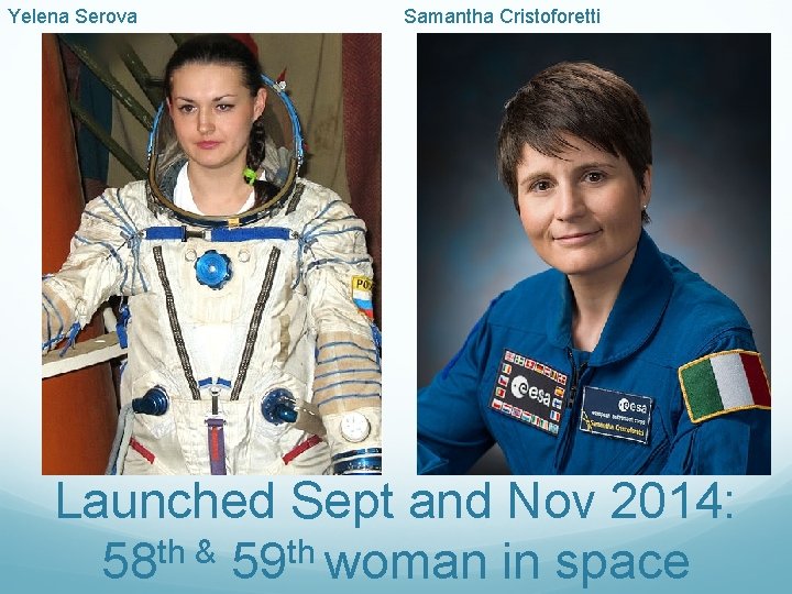 Yelena Serova Samantha Cristoforetti Launched Sept and Nov 2014: 58 th & 59 th