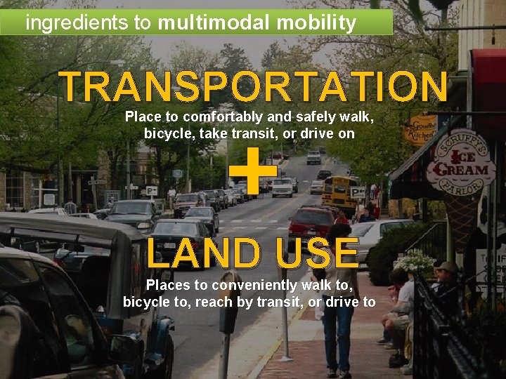 ingredients to multimodal mobility TRANSPORTATION Place to comfortably and safely walk, bicycle, take transit,