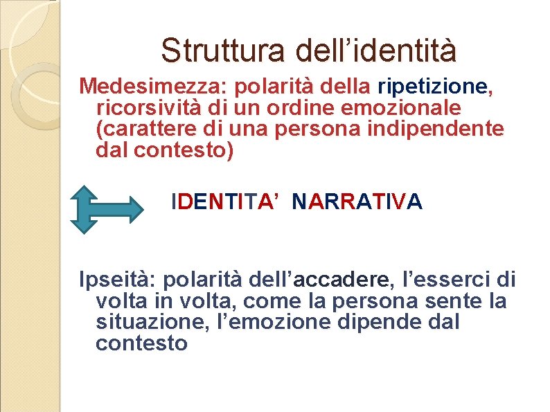 Struttura dell’identità Medesimezza: polarità della ripetizione, ricorsività di un ordine emozionale (carattere di una