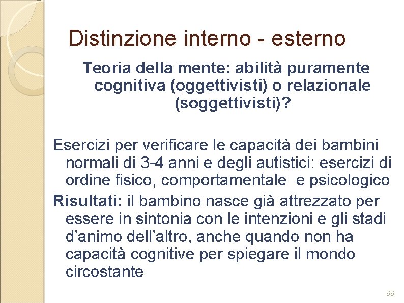  Distinzione interno - esterno Teoria della mente: abilità puramente cognitiva (oggettivisti) o relazionale