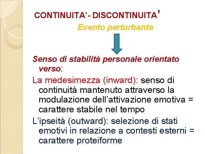 CONTINUITA’- DISCONTINUITA’ Evento perturbante Senso di stabilità personale orientato verso: La medesimezza (inward): senso
