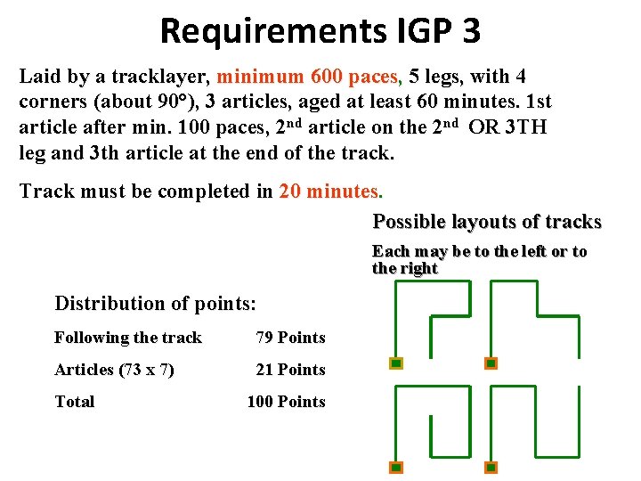 Requirements IGP 3 Laid by a tracklayer, minimum 600 paces, 5 legs, with 4