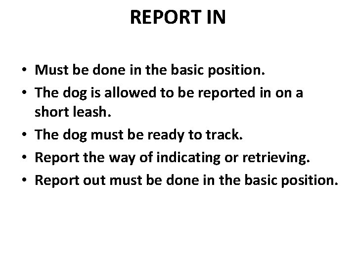 REPORT IN • Must be done in the basic position. • The dog is