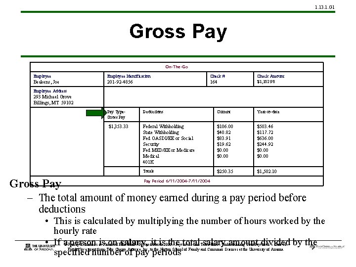 1. 13. 1. G 1 Gross Pay On-The-Go Employee Identification Check # Beakens, Joe