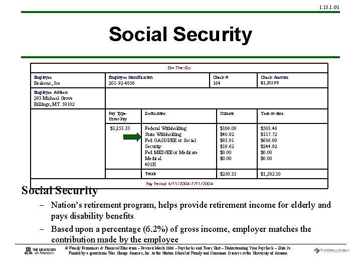 1. 13. 1. G 1 Social Security On-The-Go Employee Identification Check # Beakens, Joe