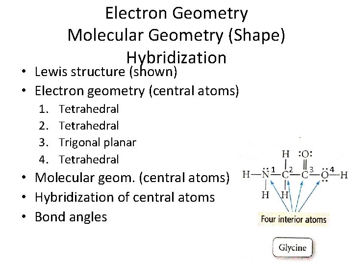 Electron Geometry Molecular Geometry (Shape) Hybridization • Lewis structure (shown) • Electron geometry (central