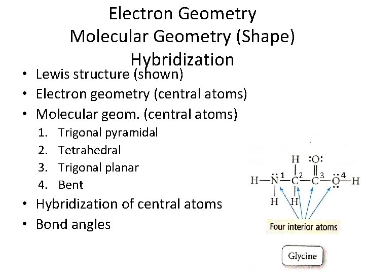 Electron Geometry Molecular Geometry (Shape) Hybridization • Lewis structure (shown) • Electron geometry (central