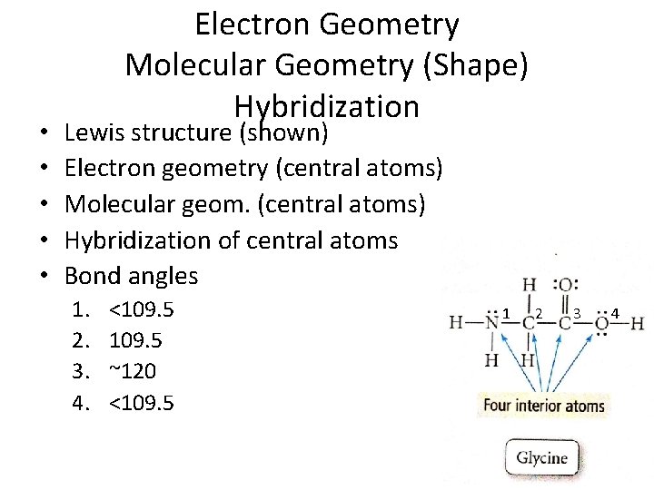  • • • Electron Geometry Molecular Geometry (Shape) Hybridization Lewis structure (shown) Electron