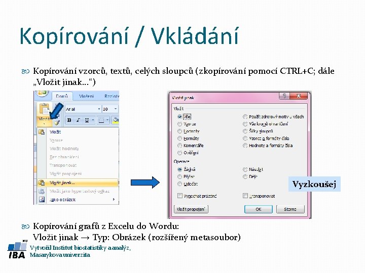 Kopírování / Vkládání Kopírování vzorců, textů, celých sloupců (zkopírování pomocí CTRL+C; dále „Vložit jinak.