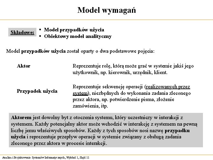 Model wymagań Składowe: § Model przypadków użycia § Obiektowy model analityczny Model przypadków użycia