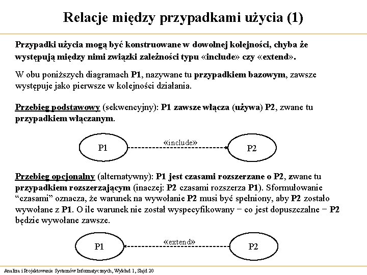 Relacje między przypadkami użycia (1) Przypadki użycia mogą być konstruowane w dowolnej kolejności, chyba