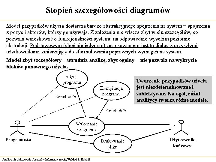 Stopień szczegółowości diagramów Model przypadków użycia dostarcza bardzo abstrakcyjnego spojrzenia na system − spojrzenia