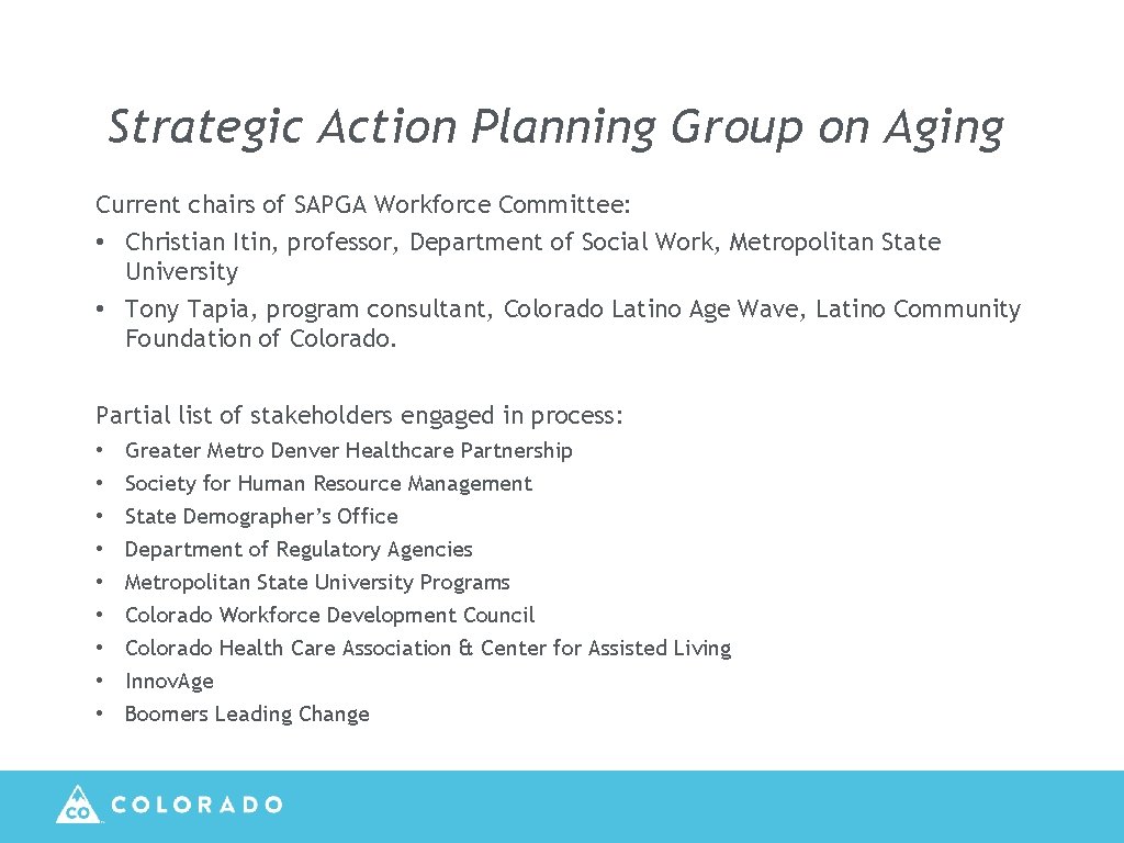 Strategic Action Planning Group on Aging Current chairs of SAPGA Workforce Committee: • Christian