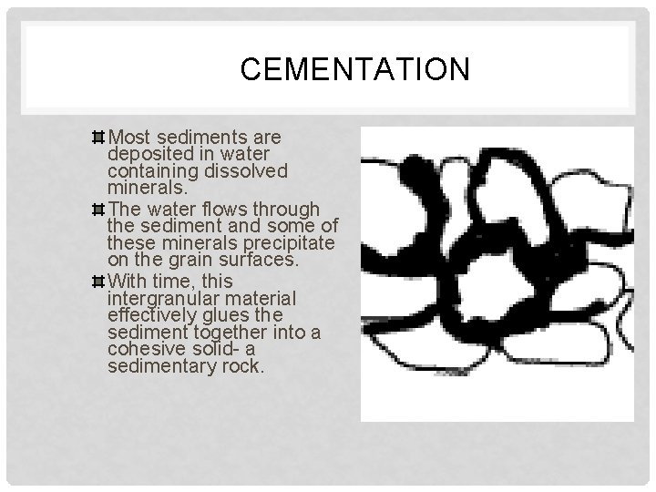 CEMENTATION Most sediments are deposited in water containing dissolved minerals. The water flows through