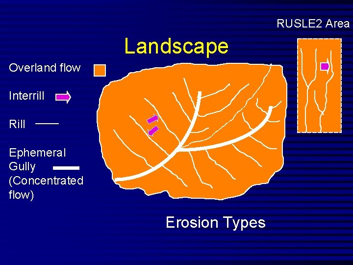 RUSLE 2 Area Landscape Overland flow Interrill Rill Ephemeral Gully (Concentrated flow) Erosion Types