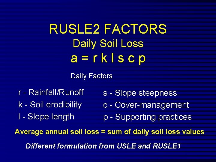 RUSLE 2 FACTORS Daily Soil Loss a=rklscp Daily Factors r - Rainfall/Runoff k -