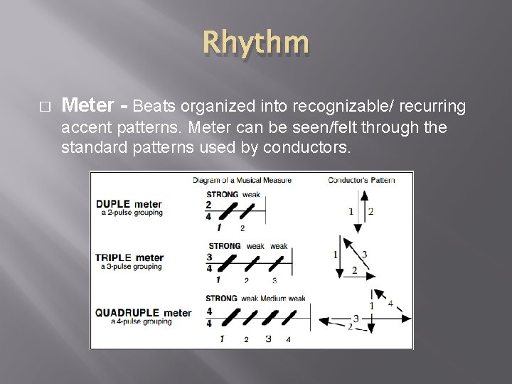Rhythm � Meter - Beats organized into recognizable/ recurring accent patterns. Meter can be
