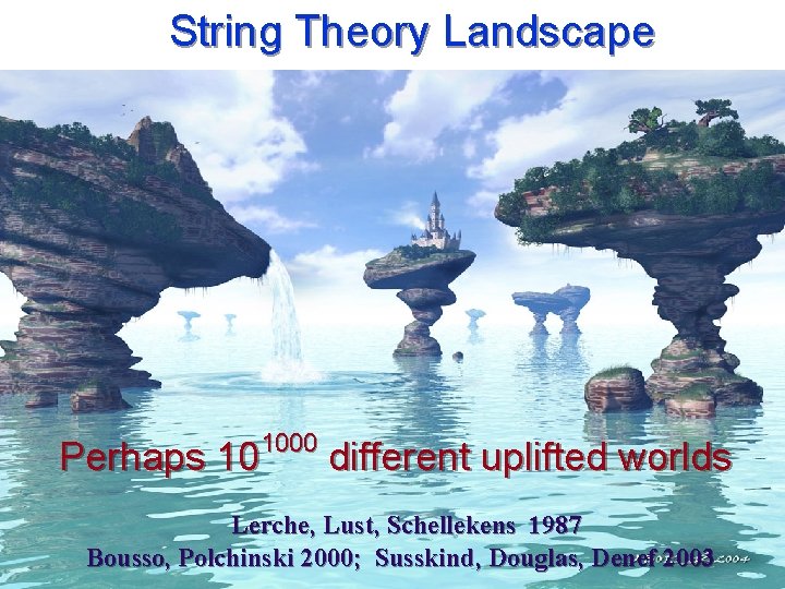 String Theory Landscape 1000 Perhaps 10 different uplifted worlds Lerche, Lust, Schellekens 1987 Bousso,