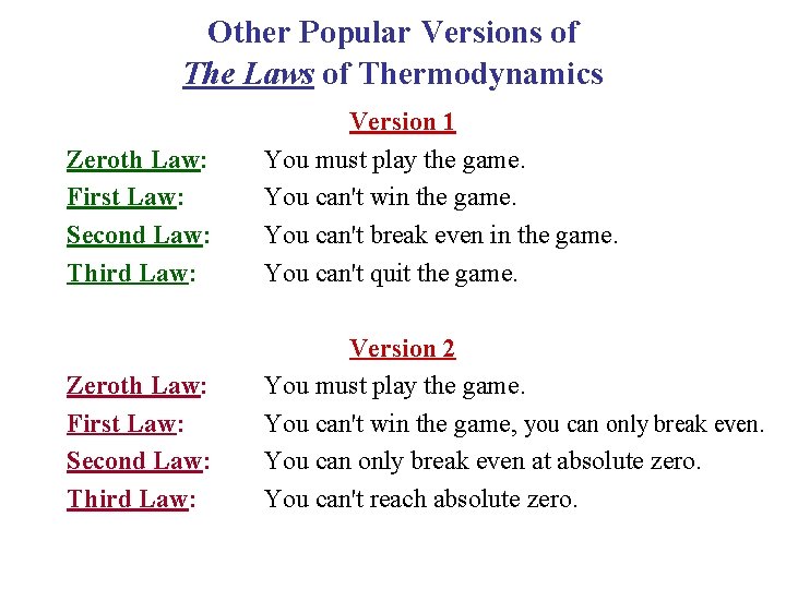 Other Popular Versions of The Laws of Thermodynamics Zeroth Law: First Law: Second Law: