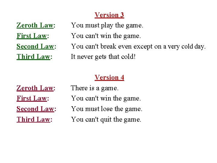 Zeroth Law: First Law: Second Law: Third Law: Version 3 You must play the