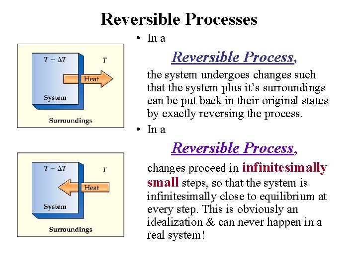 Reversible Processes • In a Reversible Process, the system undergoes changes such that the