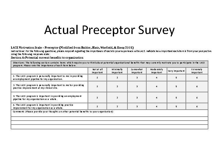 Actual Preceptor Survey LACE Motivation Scale – Preceptor (Modified from Baldor, Blair, Warfield, &