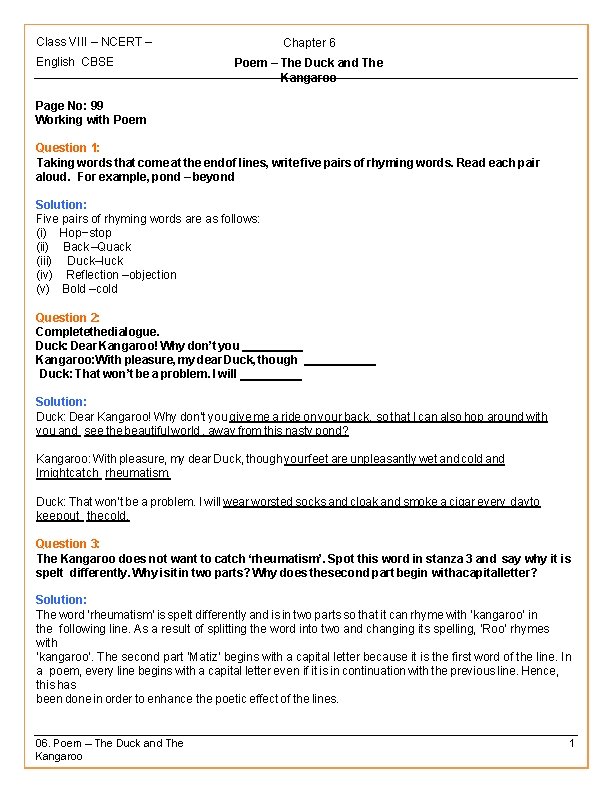 Class VIII – NCERT – English CBSE Chapter 6 Poem – The Duck and
