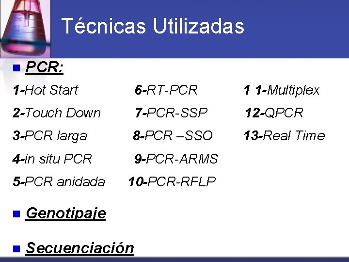 Técnicas Utilizadas n PCR: 1 -Hot Start 6 -RT-PCR 1 1 -Multiplex 2 -Touch
