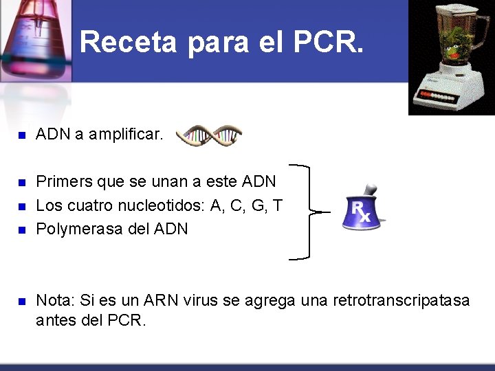 Receta para el PCR. n ADN a amplificar. n Primers que se unan a