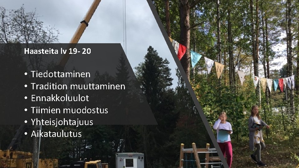 Haasteita lv 19 - 20 • • • Tiedottaminen Tradition muuttaminen Ennakkoluulot Tiimien muodostus