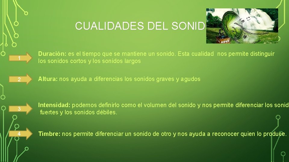 CUALIDADES DEL SONIDO 1 Duración: es el tiempo que se mantiene un sonido. Esta