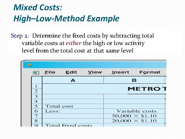 Mixed Costs: High–Low-Method Example Step 2: Determine the fixed costs by subtracting total variable