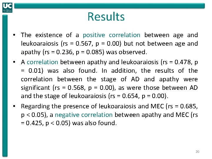 Results • The existence of a positive correlation between age and leukoaraiosis (rs =