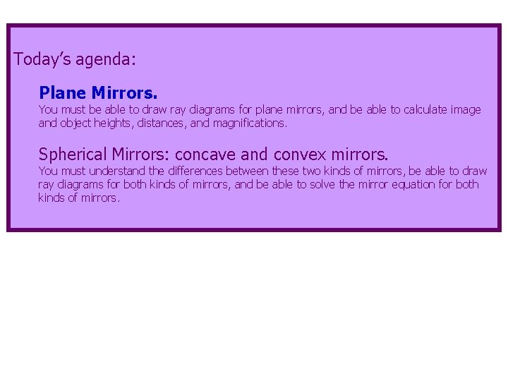 Today’s agenda: Plane Mirrors. You must be able to draw ray diagrams for plane