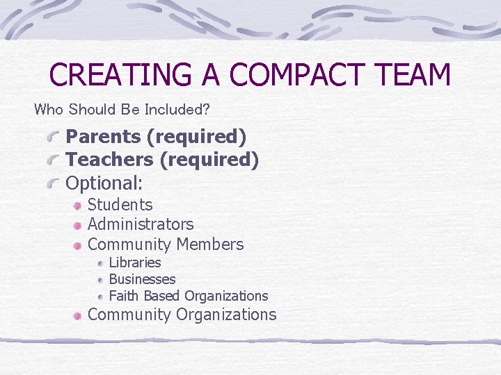 CREATING A COMPACT TEAM Who Should Be Included? Parents (required) Teachers (required) Optional: Students