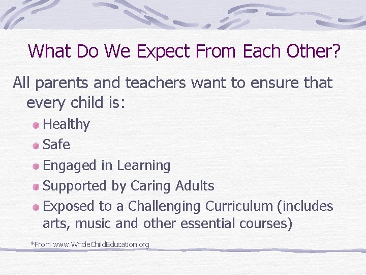 What Do We Expect From Each Other? All parents and teachers want to ensure