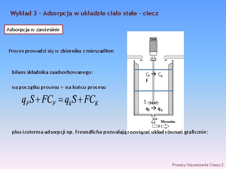 Wykład 3 – Adsorpcja w układzie ciało stałe - ciecz Adsorpcja w zawiesinie Proces