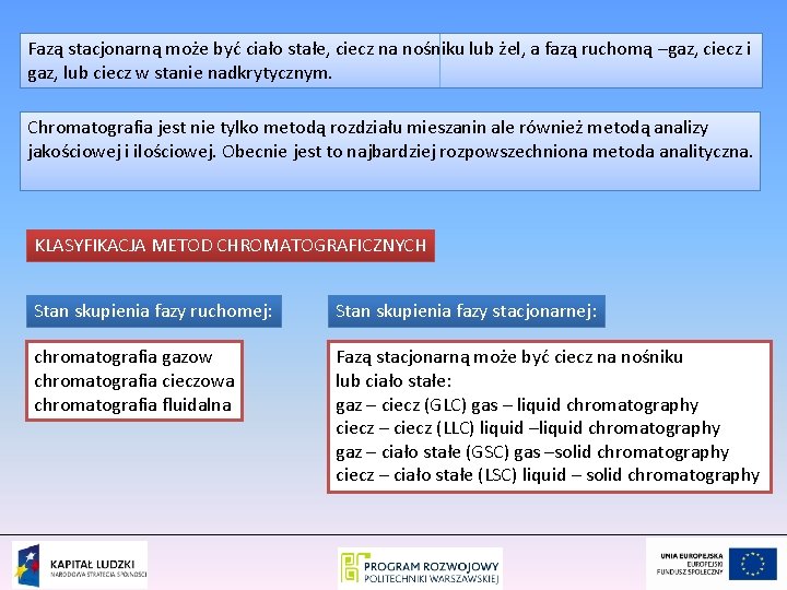 Fazą stacjonarną może być ciało stałe, ciecz na nośniku lub żel, a fazą ruchomą